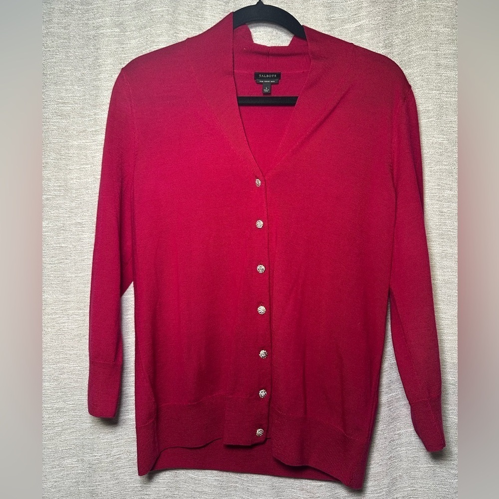 Talbots Womens Merino Wool V-Neck Embellished Button Cardigan Fuchsia Pink L